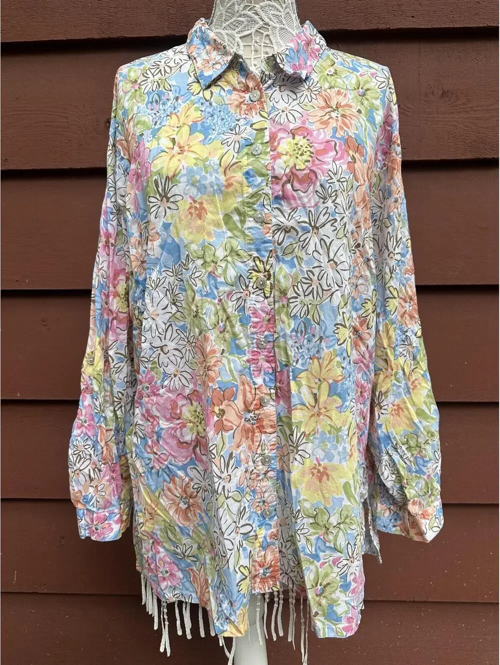 Koret Francisca Vintage Floral Button Front Blouse with Relaxed Oversized Fit